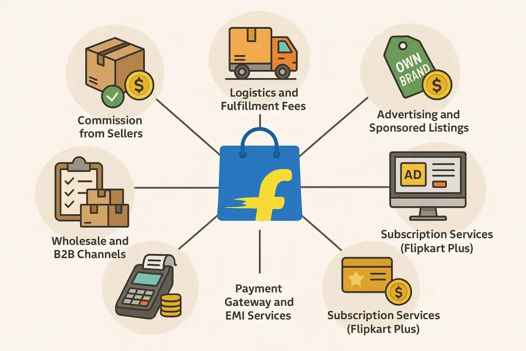 Revenue Model of Flipkart: How Indiaโs E-commerce Titan Makes Money 1 Infographic showing Flipkartโs revenue channels including commissions, logistics, ads, and subscriptions.