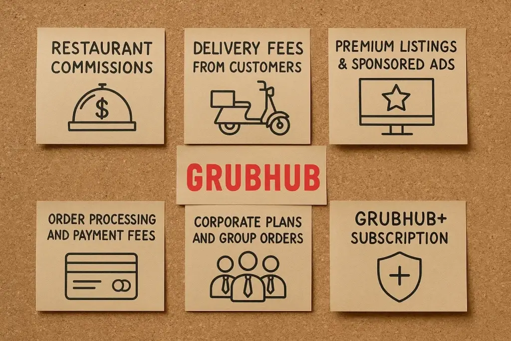Revenue Model of Grubhub: How the Food Delivery Giant Makes Money 1 listing Grubhubโs revenue streams on a printed paper with icons .