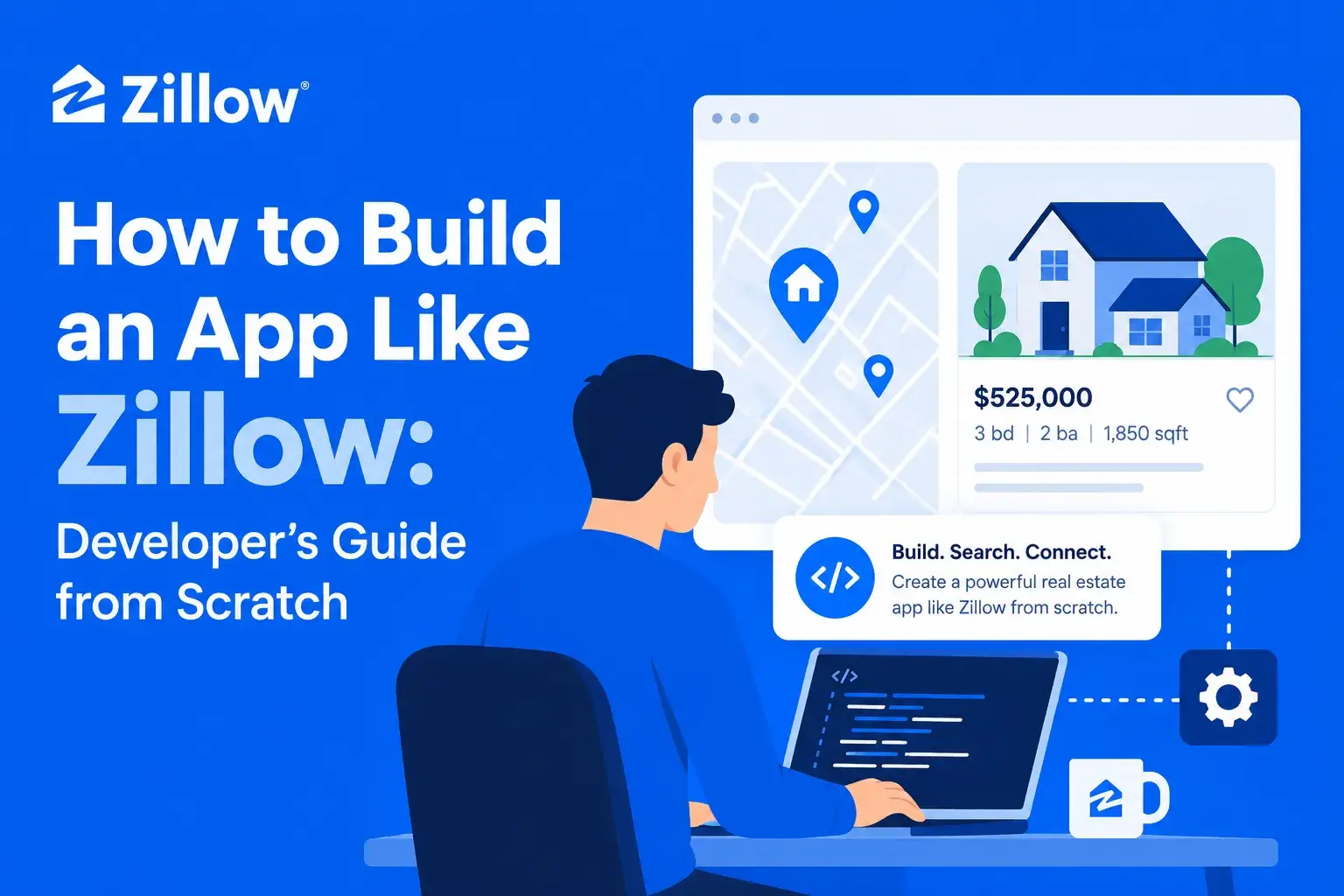 Zillow app development featured image showing a real estate developer building a Zillow-like app with property listings, map search, home pricing, bedroom and bathroom details, square footage, saved homes, code dashboard, and real estate app development workflow.