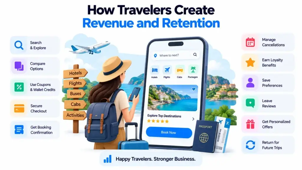 Regional Travel Booking Platform Business Model: How Travelers, Suppliers, Agents, and Booking Operations Connect 1 Travelers creating revenue and retention through bookings, loyalty benefits, preferences, reviews, and personalized offers on a travel platform