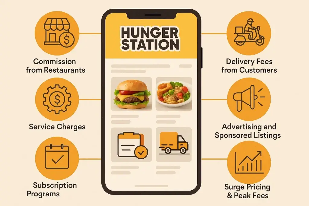 Revenue Model of HungerStation: How Saudi Arabiaโs Food Delivery Leader Drives Profit 1 Illustration of Hunger Station app screen with burger and meal visuals surrounded by icons showing revenue sources like commissions, fees, and advertising.