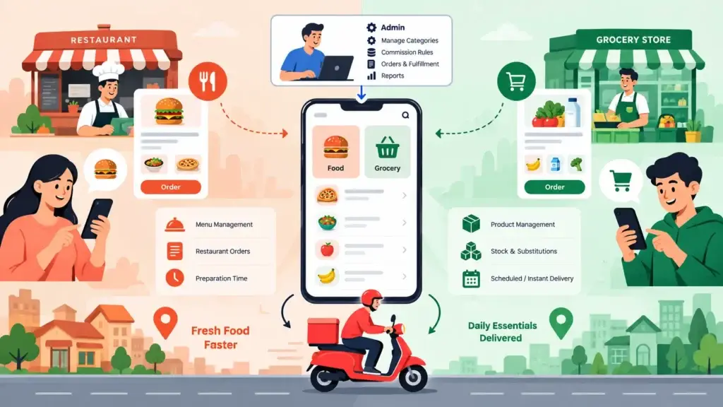 Food Delivery Marketplace vs Grocery Delivery Marketplace: How Their Business Models Differ 2 Hybrid food and grocery delivery platform supporting restaurant orders, grocery products, inventory, substitutions, delivery, and admin management
