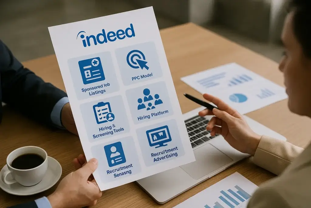 Revenue Model of Indeed: How the Worldโs Largest Job Site Makes Money 1 Business professionals reviewing Indeedโs revenue model chart, showing income streams like sponsored job listings, PPC model, hiring tools, and recruitment advertising.