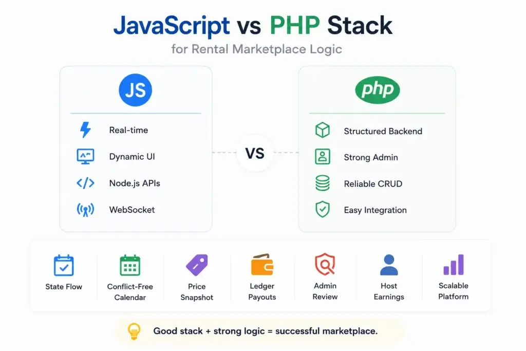 How to Build Booking, Calendar, and Host Payout Logic for a Short-Term Rental Platform 2 JavaScript vs PHP stack comparison for rental marketplace development, covering real-time features, backend structure, APIs, admin tools, and scalability.