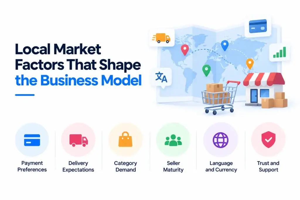 Regional Ecommerce Marketplace Business Model: How Sellers, Buyers, Logistics, and Local Markets Connect 2 Local market factors shaping an ecommerce marketplace business model including payments, delivery, category demand, sellers, language, currency, and trust