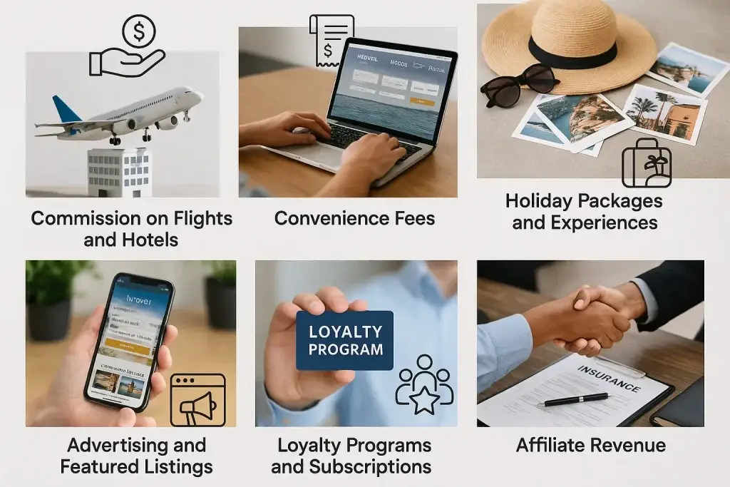Revenue Model of MakeMyTrip: How Indiaโs Travel Giant Makes Money 1 "Visual breakdown of MakeMyTrip's revenue model including commission, convenience fees, holiday packages, ads, loyalty programs, and affiliate revenue"