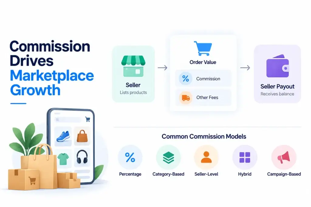 How Do Regional Ecommerce Marketplaces Generate Revenue From Commissions, Delivery, Seller Plans, and Promotions? 1 Marketplace commission revenue model showing seller products, order value, commission and fees, seller payout, and common commission models