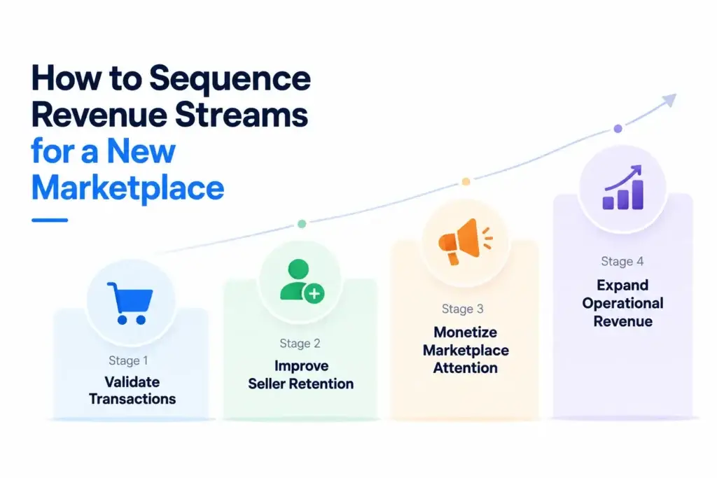 How Do Regional Ecommerce Marketplaces Generate Revenue From Commissions, Delivery, Seller Plans, and Promotions? 2 Marketplace revenue stream sequencing showing transaction validation, seller retention, marketplace attention monetization, and operational revenue expansion