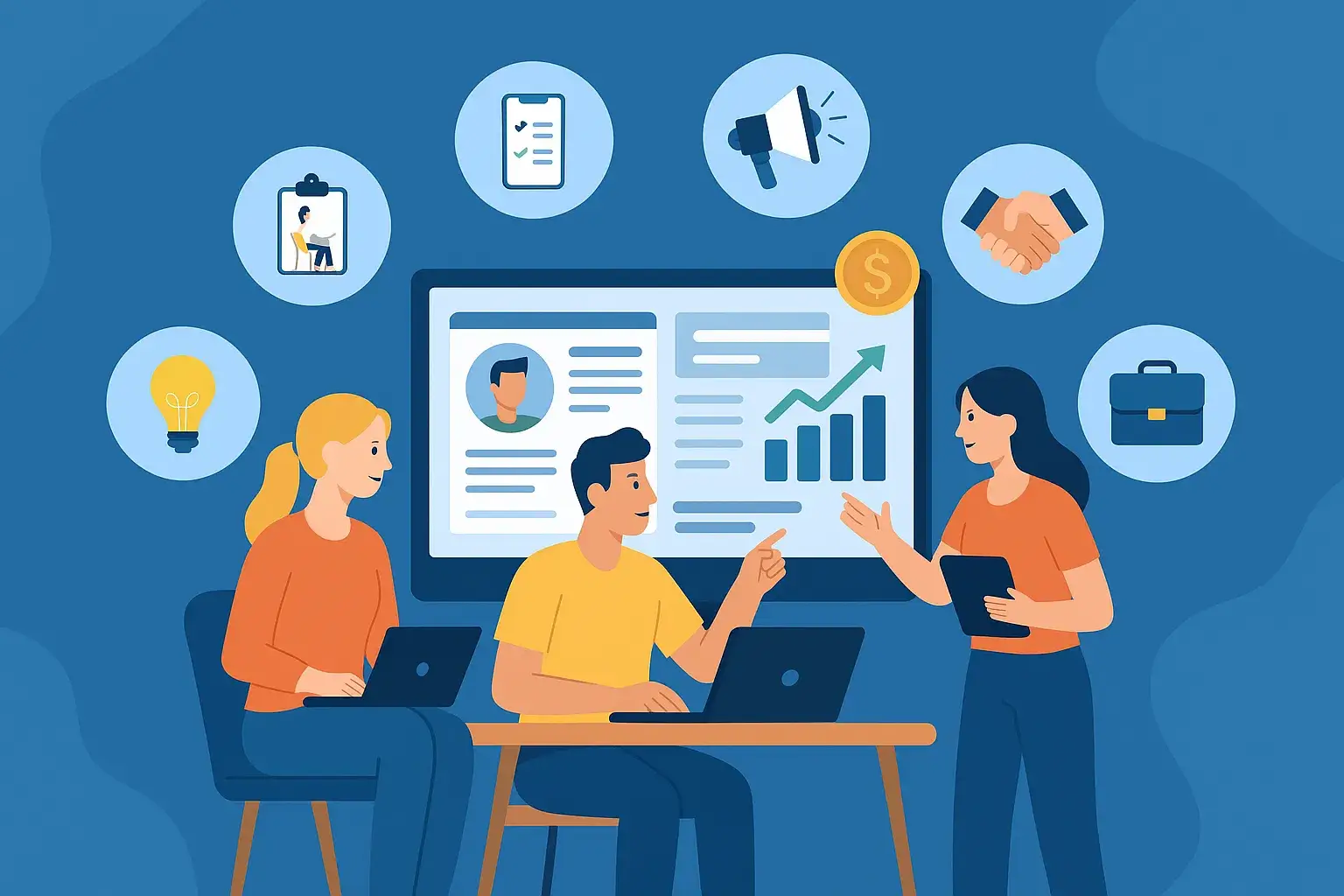 Illustration of three colleagues reviewing growth charts on a large screen.