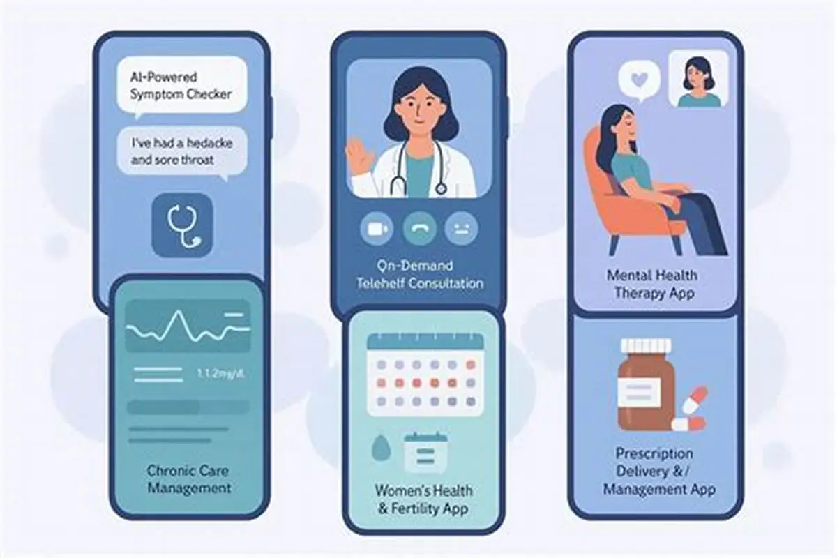 Illustration of six healthcare and telemedicine mobile apps including AI symptom checker, video consultation, mental health therapy, and prescription delivery