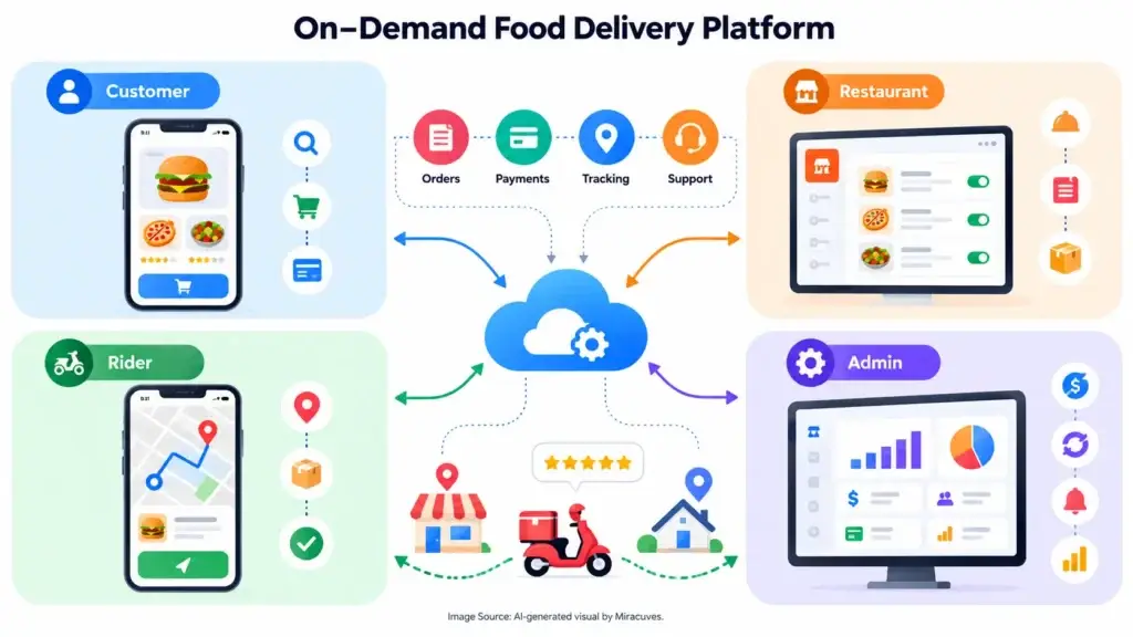 On-Demand Food Delivery Platform vs Multi-Category Delivery Platform: How Their Business Models Differ 1 On-demand food delivery platform ecosystem connecting customer, restaurant, rider, and admin modules with orders, payments, tracking, and support.