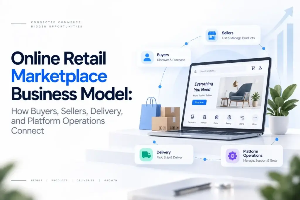 Online retail marketplace business model connecting buyers, sellers, delivery services, and platform operations.