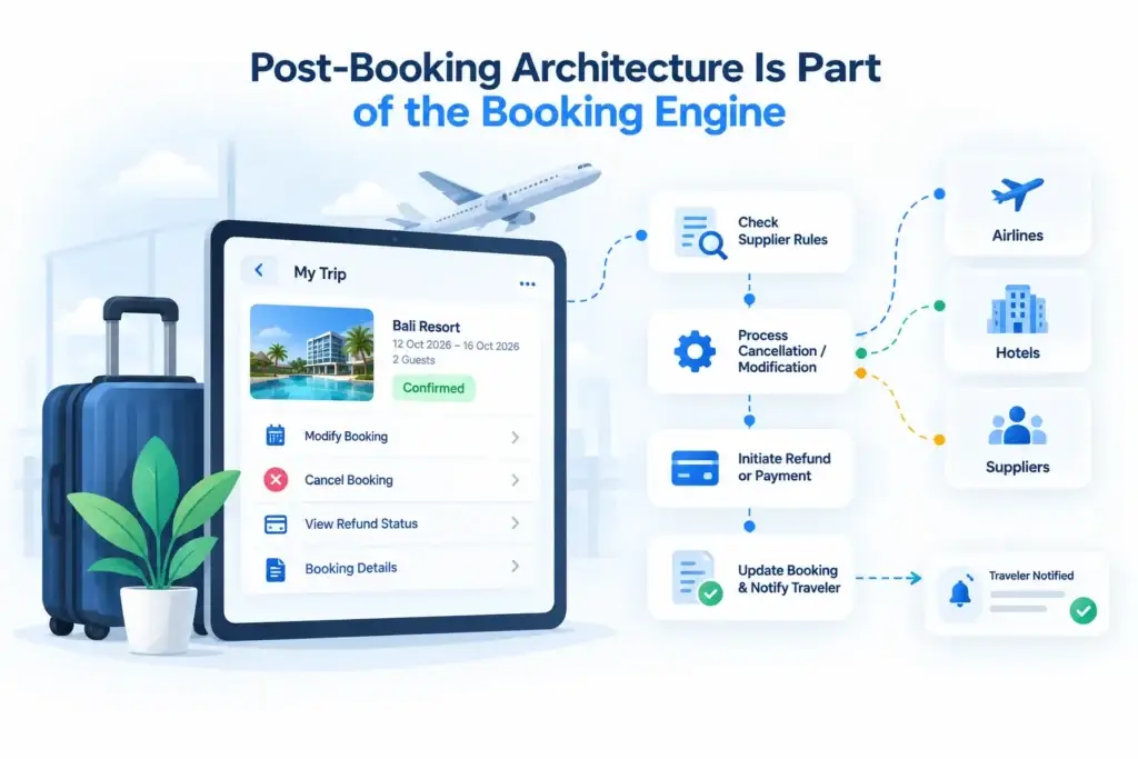 Online Travel Agency Platform Architecture: Supplier APIs, Inventory, Booking Engines, Payments, and Fulfillment 2 Post-booking architecture showing booking modifications, cancellations, refunds, supplier rules, and traveler notifications in a travel booking engine.