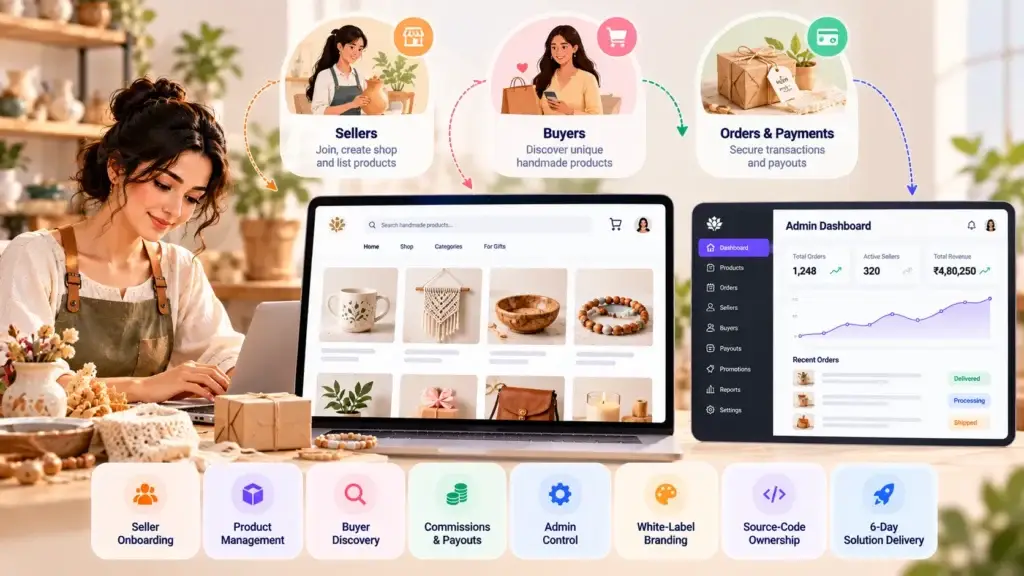 Handmade Marketplace Platform Growth Strategy: Attracting Makers, Building Buyer Demand, and Driving Repeat Purchases 2 Ready-made handmade marketplace platform with seller onboarding, product management, buyer discovery, payments, payouts, and admin control.