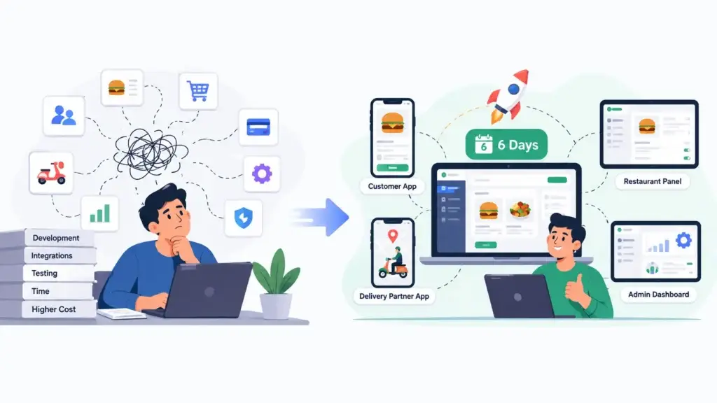How Direct Restaurant Ordering Platforms Generate Revenue From Subscriptions, Setup Fees, Branded Apps, and Add-On Services 2 Ready-made restaurant ordering platform compared with custom development across development time, integrations, testing, cost, customer app, delivery app, restaurant panel, and admin dashboard.