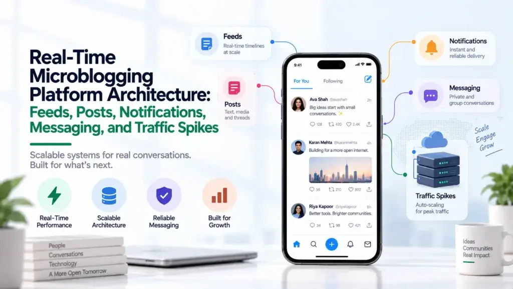 Real-time microblogging platform architecture supporting feeds, posts, notifications, messaging, and traffic spikes