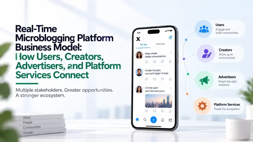 Real-time microblogging platform business model connecting users, creators, advertisers, and platform services