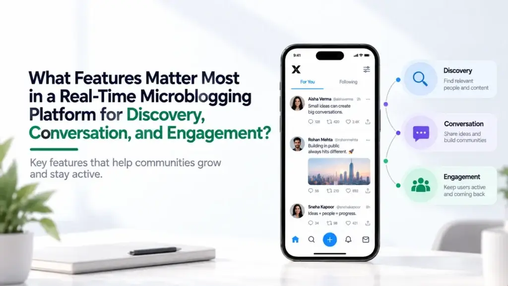 Real-time microblogging platform features for content discovery, community conversations, and user engagement