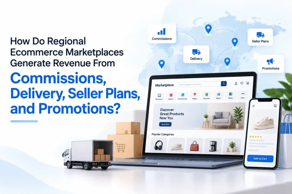 Regional ecommerce marketplace revenue model showing commissions, delivery fees, seller plans, and promotional revenue streams