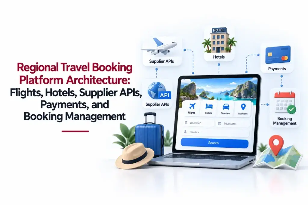 Regional travel booking platform architecture with flights, hotels, supplier APIs, payments, and booking management