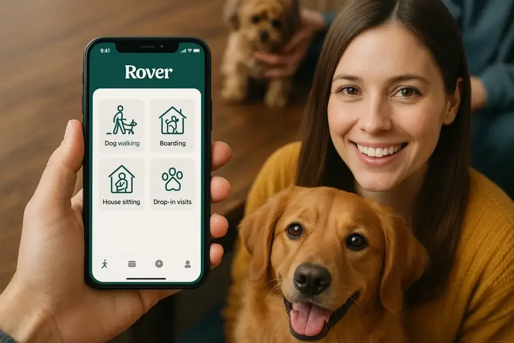 Revenue Model of Rover: How the Pet Care Giant Makes Money in 2026 1 "Woman smiling with her dog while using Rover app showing dog walking, boarding, house sitting, and drop-in visits"