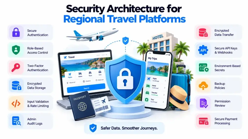 Regional Travel Booking Platform Architecture: Flights, Hotels, Supplier APIs, Payments, and Booking Management 2 Security architecture for Travel booking platform architecture with authentication, access control, encryption, API security, backups, and audit logs