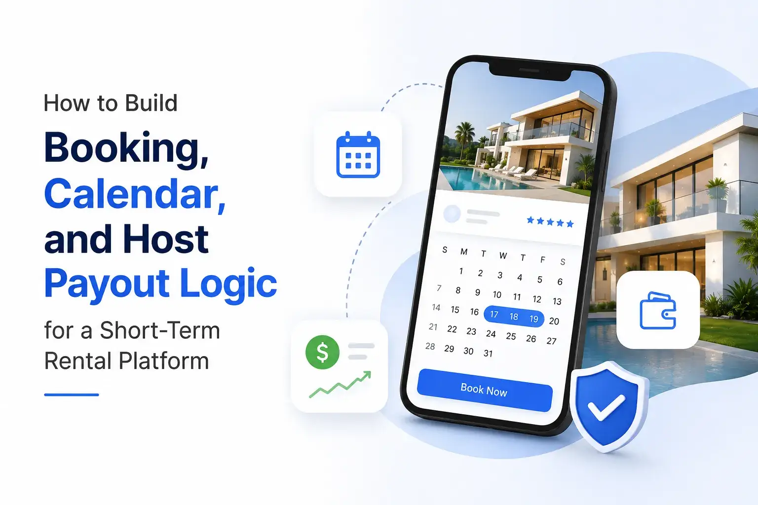 Short-term rental platform showing booking, calendar management, host payout logic, secure payments, and reservation scheduling.