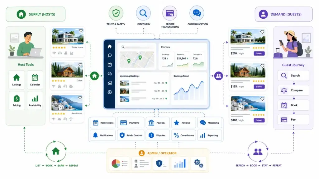 How Do Short-Term Rental Marketplaces Connect Hosts, Guests, Listings, and Reservations? 1 Short-term rental marketplace ecosystem connecting hosts, guests, reservations, payments, reviews, messaging, and platform operations