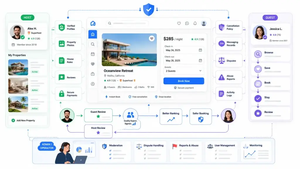 How Do Short-Term Rental Marketplaces Connect Hosts, Guests, Listings, and Reservations? 2 Short-term rental marketplace trust and booking workflow with verified hosts, property listings, secure payments, reviews, disputes, and guest journey