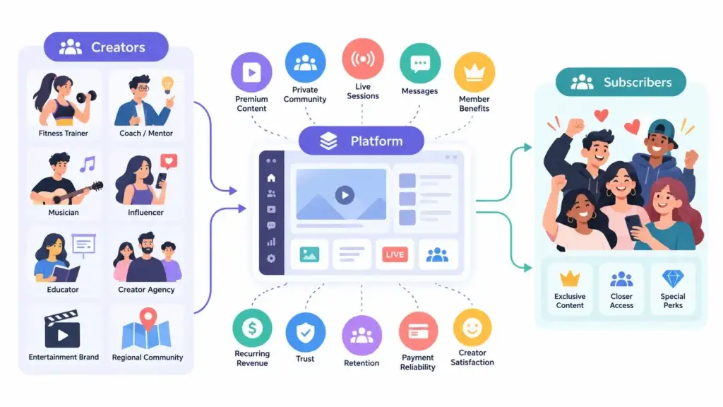 From Core Features to Development Cost: What Founders Should Plan for in a Subscription-Based Platform 1 Subscription creator platform connecting fitness trainers, coaches, musicians, influencers, educators, agencies, and subscribers through premium content, live sessions, communities, and member benefits.