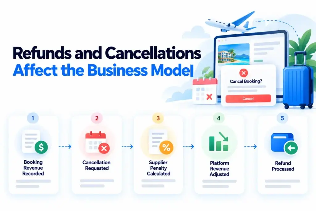 Online Travel Agency Platform Business Model: How Travelers, Suppliers, Inventory, and Booking Operations Connect 2 Travel booking refunds and cancellations workflow showing booking revenue, cancellation requests, supplier penalties, platform revenue adjustments, and refund processing.