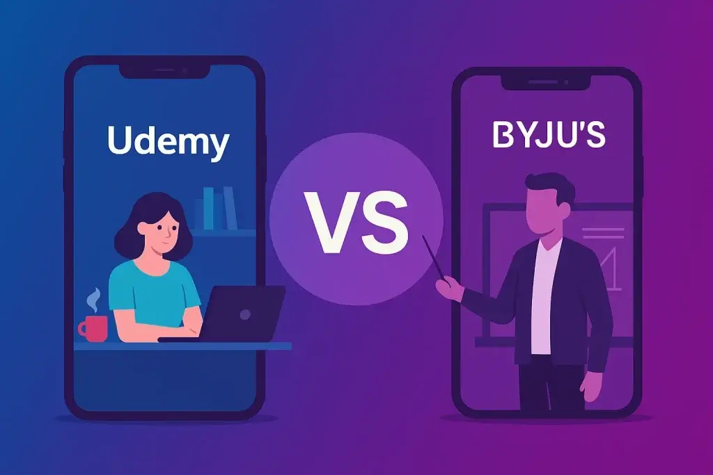 Creative illustration comparing Udemy and Byjuโs EdTech platforms via smartphone visuals
