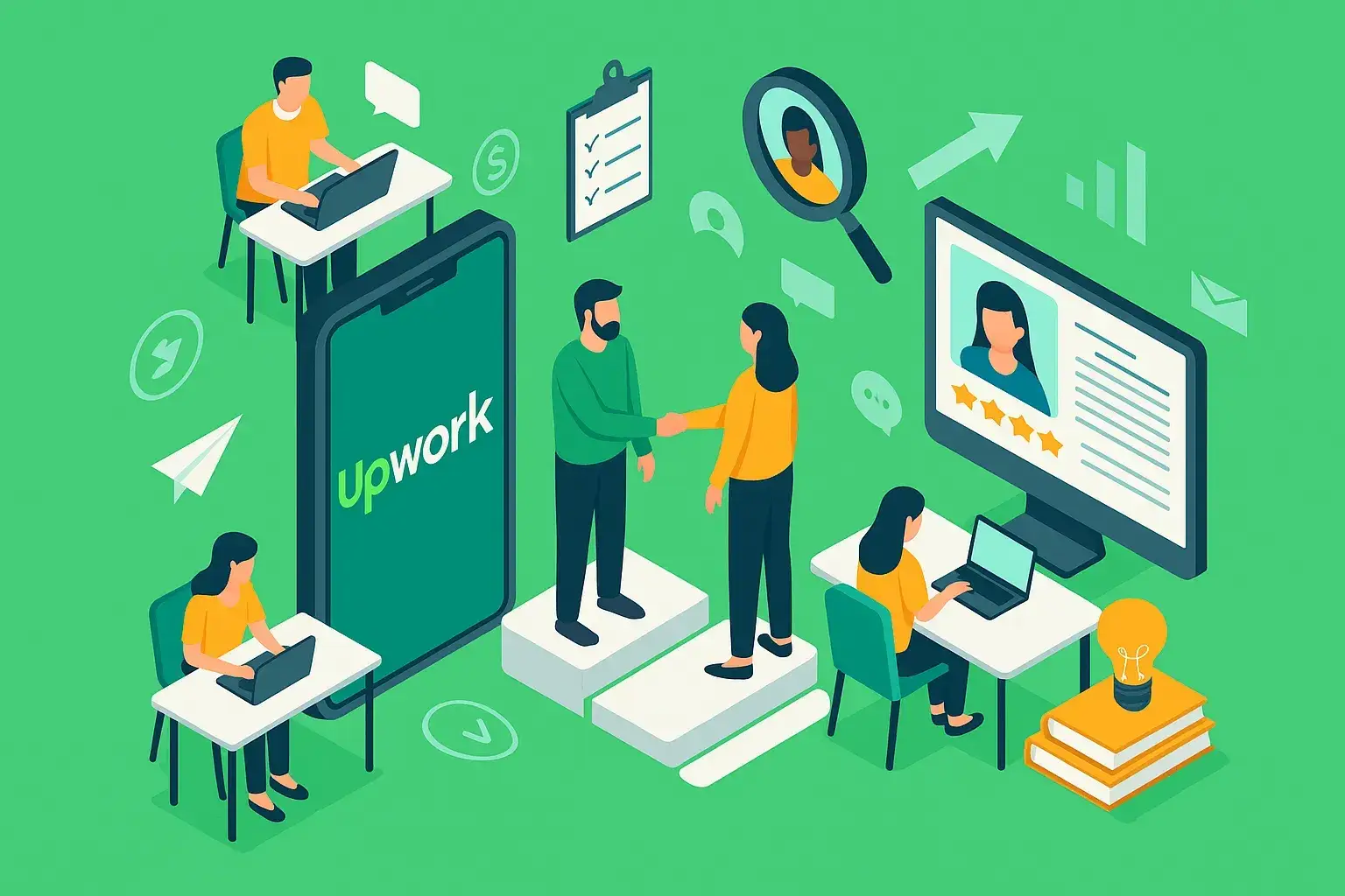 Illustration of freelancers and clients using Upwork for hiring, chatting, and managing projects