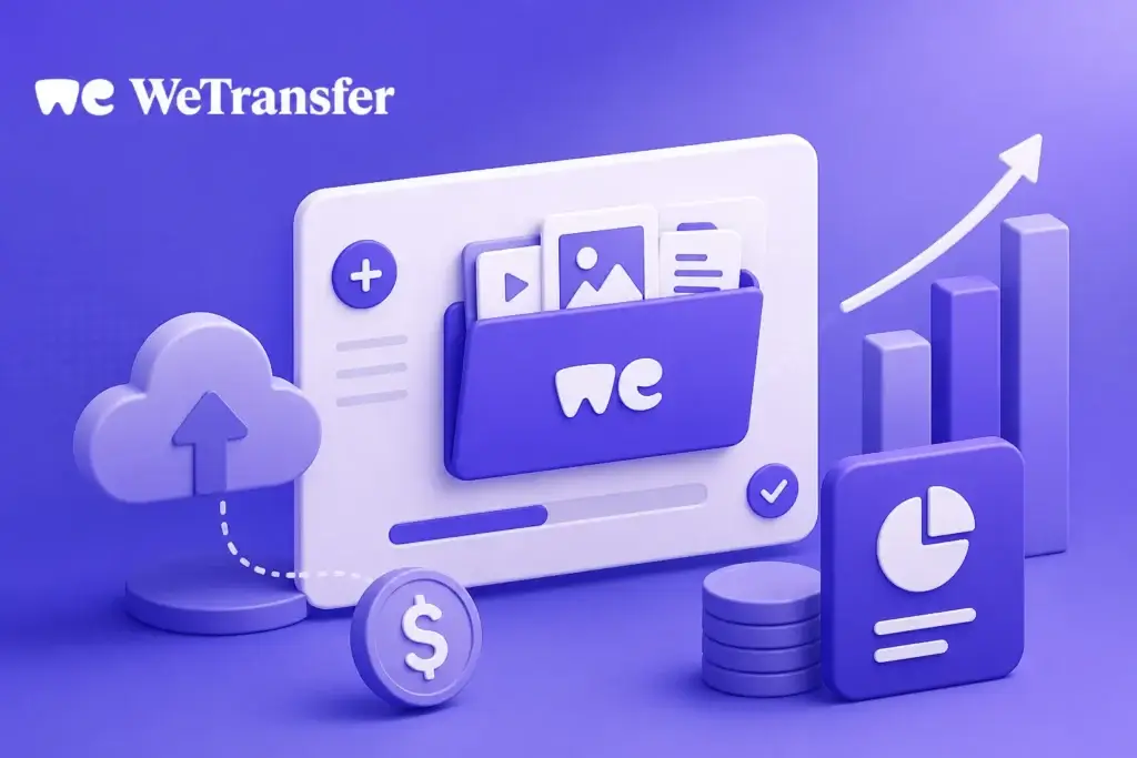 The Smart Revenue Model of WeTransfer Explained 1 WeTransfer file sharing platform illustration with cloud upload, digital folder, and revenue growth chart