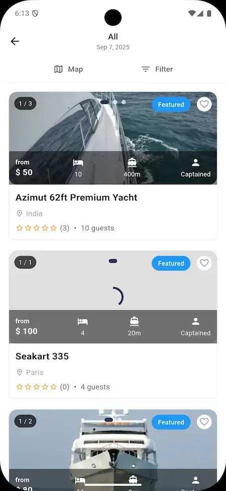 Dream Yacht Charter Clone 16 Yacht catalog page on Dream Yacht Charter Clone App showing multiple yachts with pricing and ratings.