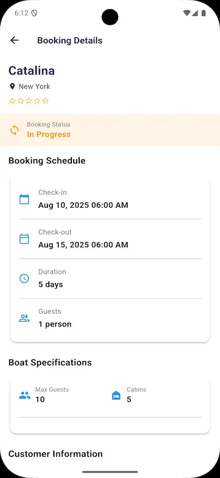 GetMyBoat Clone 17 Yacht booking details screen on GetMyBoat Clone App showing schedule and guest information.