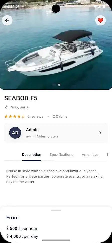GetMyBoat Clone 15 Yacht details page on GetMyBoat Clone App showing SEABOB F5 with pricing and specifications.