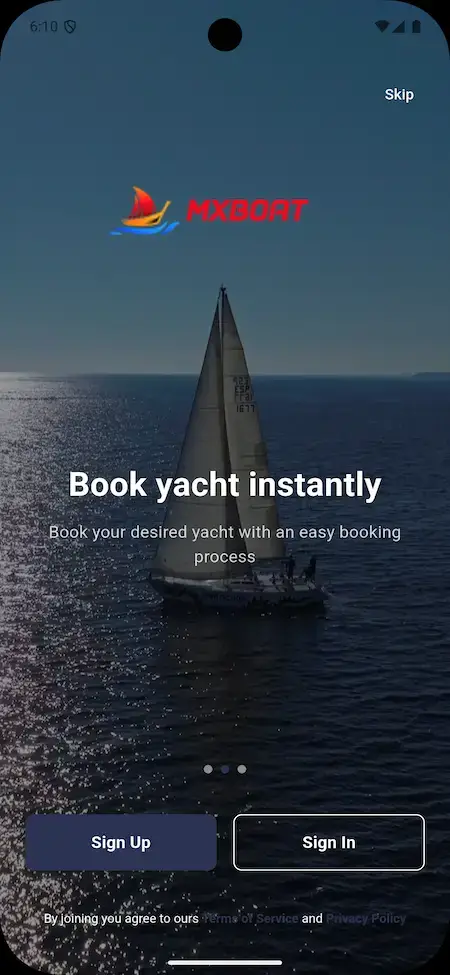 GetMyBoat Clone 24 Yacht booking mobile app screen showing “Book yacht instantly” feature.