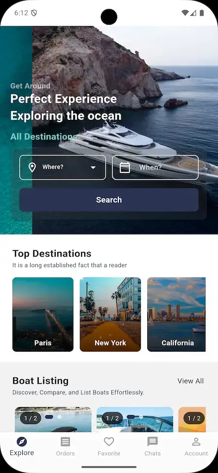 GetMyBoat Clone 21 GetMyBoat clone app home screen with yacht search and top destinations.