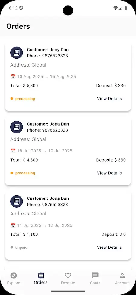 GetMyBoat Clone 19 GetMyBoat Clone orders screen showing customer bookings and status updates