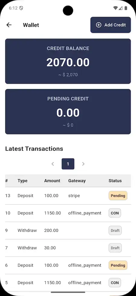 GetMyBoat Clone 18 GetMyBoat Clone wallet screen showing credit balance and latest transactions