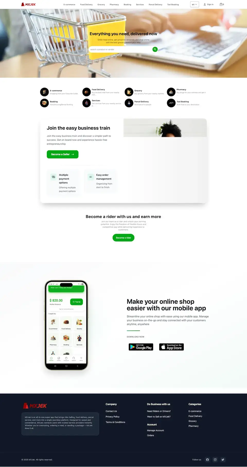 Super App Clone demo web storefront with a product search bar, eight service tiles from e-commerce to taxi booking, seller and rider sign-up sections and app download buttons.