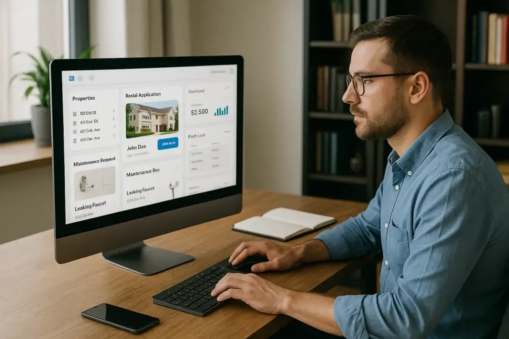What Is AppFolio App and How Does It Work? 2 Man using AppFolio desktop property management dashboard to review rental applications, property listings, maintenance requests, and rent collection.