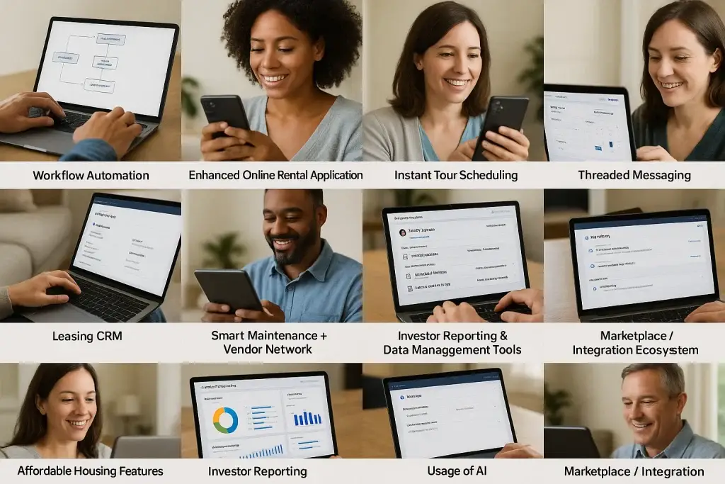 What Is AppFolio App and How Does It Work? 3 Collage of AppFolio property management features including workflow automation, rental applications, tour scheduling, threaded messaging, leasing CRM, maintenance, investor reporting, AI tools, and marketplace integration.