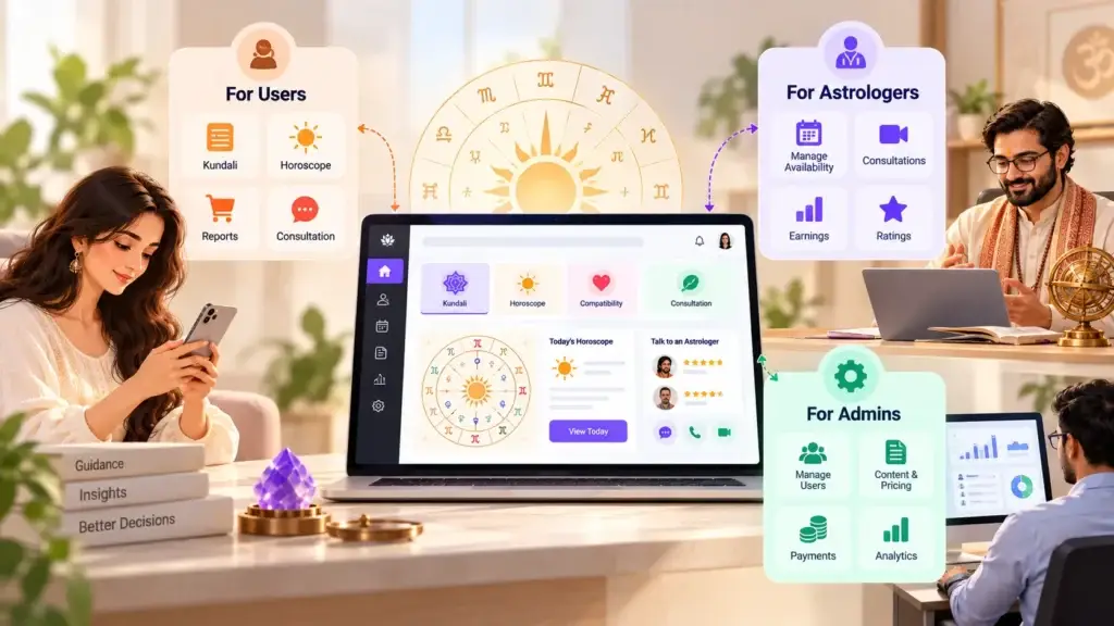 What Is an Astrology Portal Platform and How Do Kundali, Horoscopes, Reports, and Consultations Work? 2 Astrology portal features for users, astrologers, and administrators, including Kundali, horoscopes, consultations, payments, and analytics.