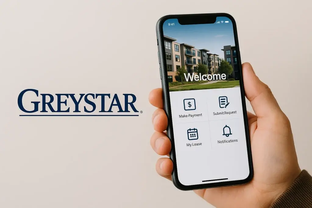 What Is Greystar App and How Does It Work? 1 Smartphone displaying Greystar resident mobile app with options for rent payment, maintenance requests, lease management, and resident notifications.