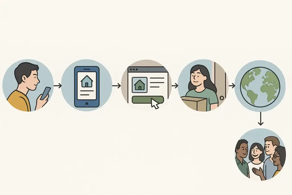 What Is Habyt App and How Does It Work? 2 Illustration showing Habyt co-living booking process from mobile app search and online booking to moving in and joining a global community.