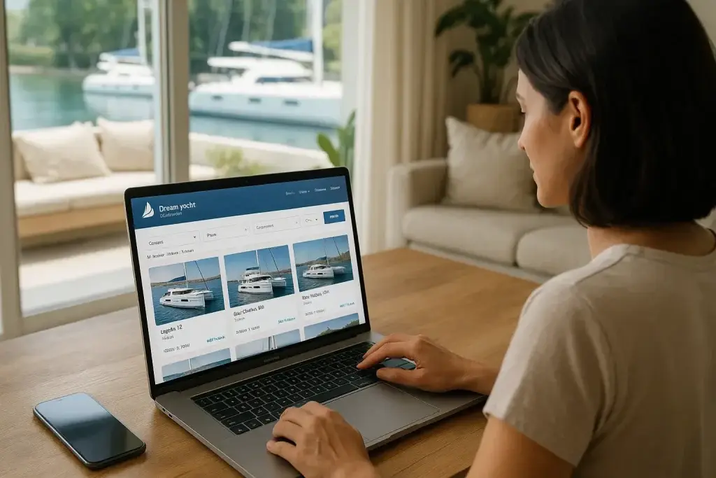 What Is Dream Yacht Charter App and How Does It Work? 2 Woman using laptop to browse Dream Yacht Charter website and book a luxury catamaran for a sailing vacation.