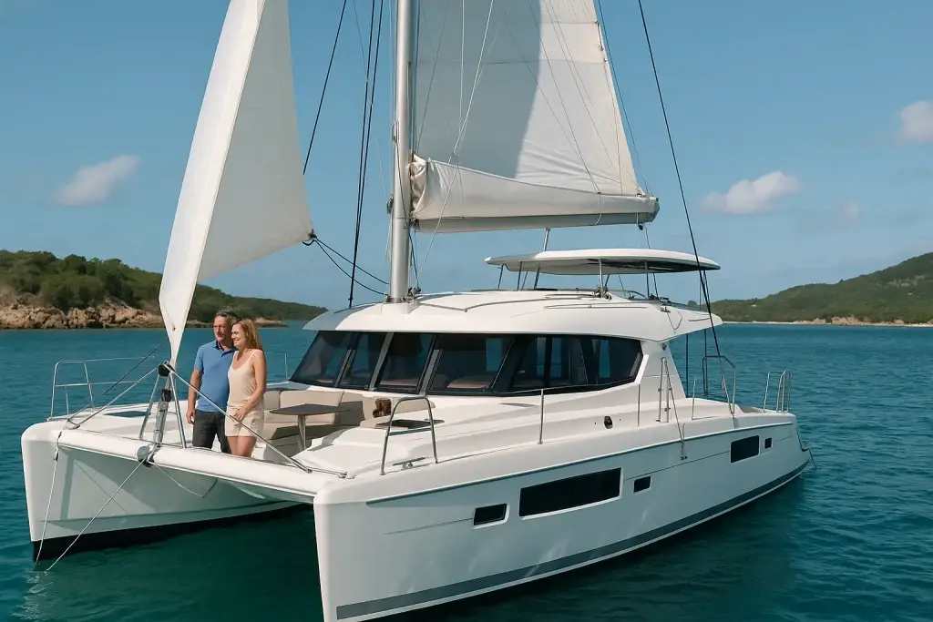 What Is Dream Yacht Charter App and How Does It Work? 1 Couple standing on luxury catamaran yacht sailing on turquoise sea near tropical island, enjoying romantic yacht charter experience.