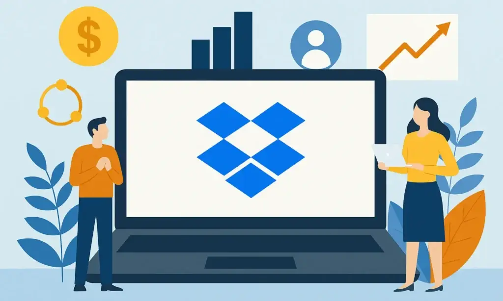 Abstract illustration symbolizing 2025 business model of dropbox with cloud storage, collaboration, and data growth elements.
